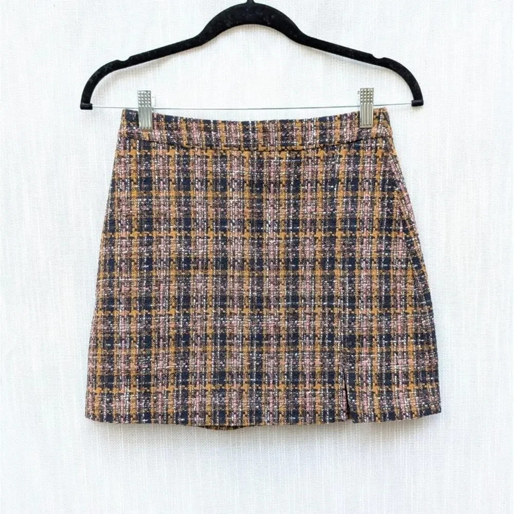 Greylin Skirt Womens XS Mini Black/Orange Tweed Plaid Pencil Straight NWT